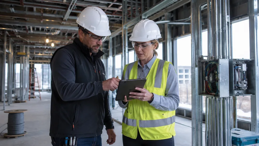 Contractor and engineer coordinating electrical work on a commercial jobsite
