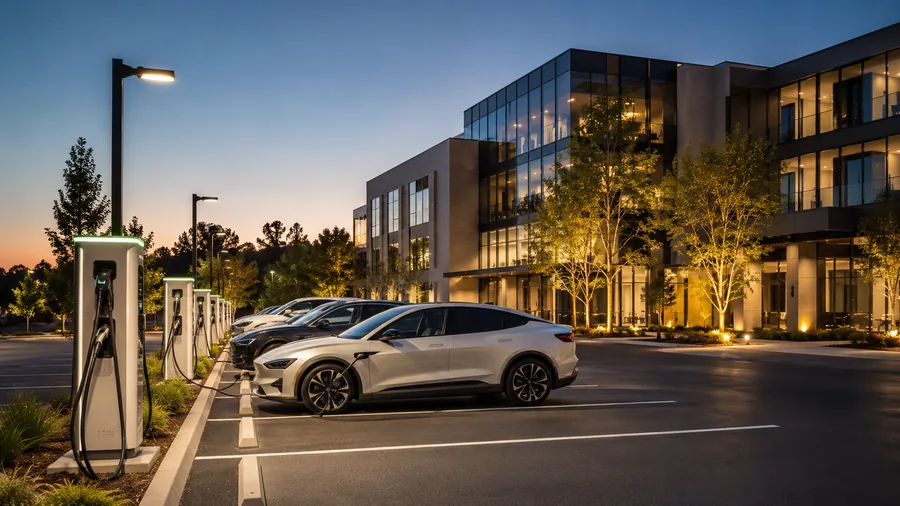 Commercial EV charging installation with multiple charging stations and modern building backdrop